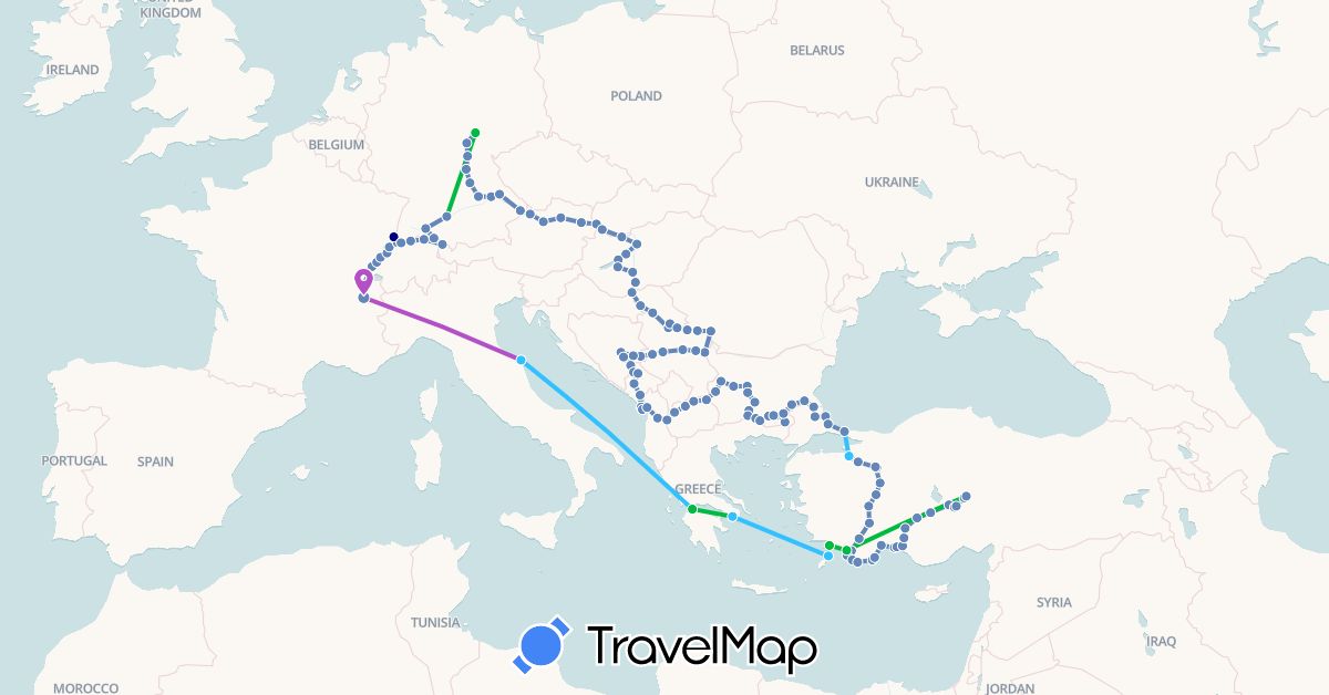 TravelMap itinerary: driving, bus, cycling, train, boat in Albania, Austria, Bosnia and Herzegovina, Bulgaria, Switzerland, Germany, France, Greece, Hungary, Italy, Montenegro, Macedonia, Serbia, Slovakia, Turkey (Asia, Europe)